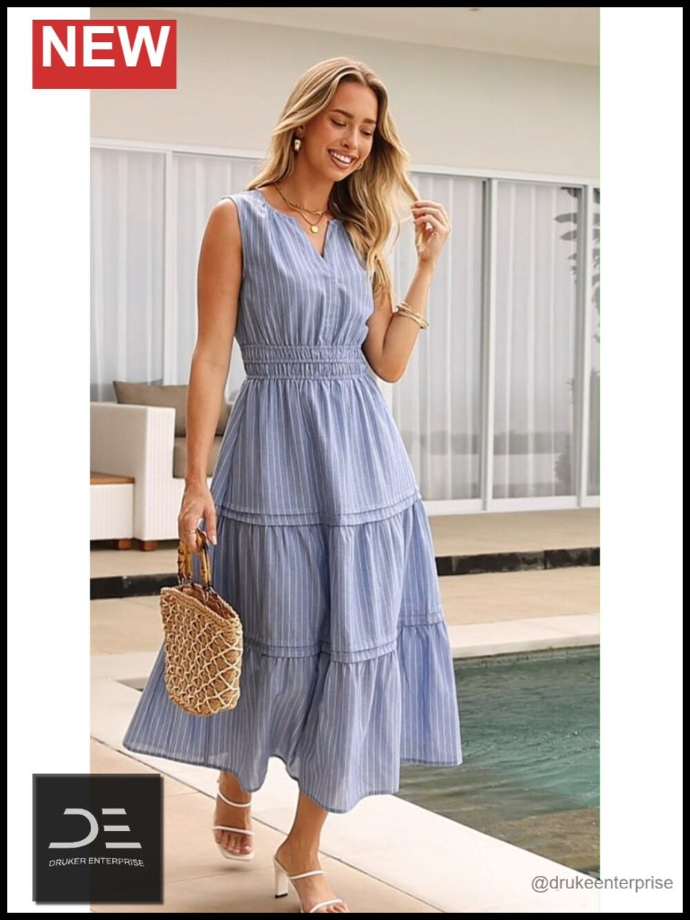 Striped Maxi Dress Sleeveless Empire Waist with Pockets Cotton Blend - Picture 6 of 6
